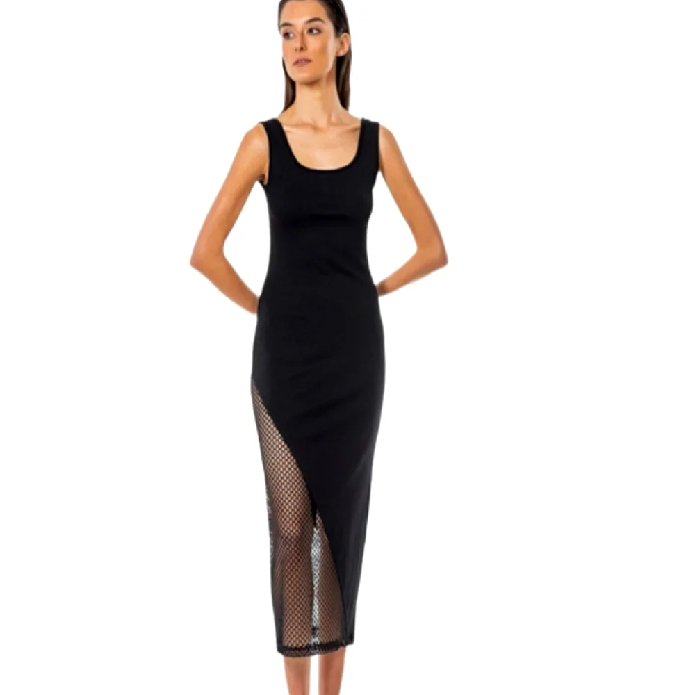 Beautiful Bodycon Midi dress mesh sheer detail beige size 6 cotton - Picture 1 of 4